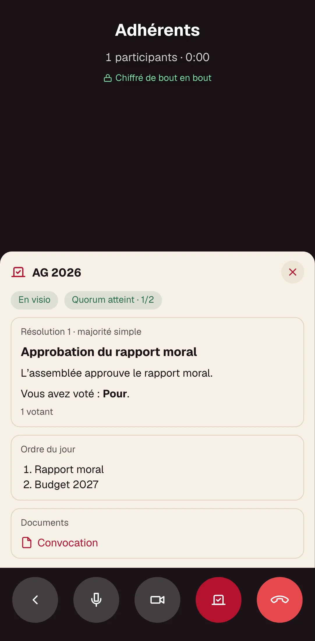 Sur téléphone, le panneau de l'AG s'ouvre au-dessus des commandes de l'appel