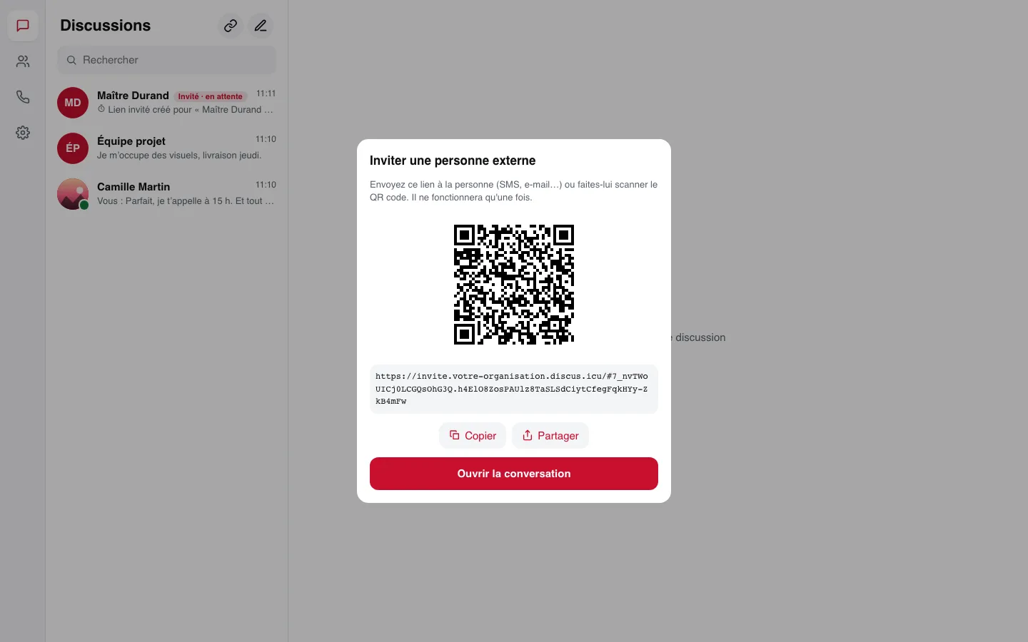Le membre crée un lien d'invitation à usage unique, avec QR code